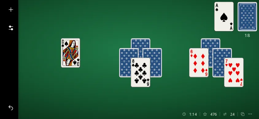 La même partie en thème sombre : 19 cartes retirées, 476 points, défausse A♠.
